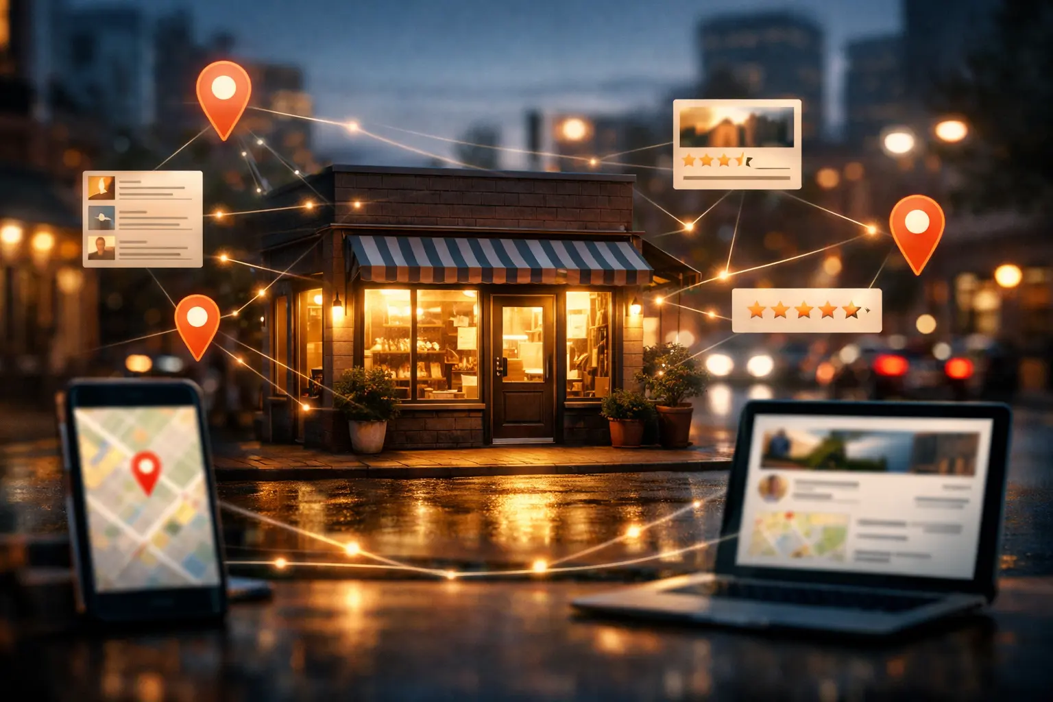Citations for Local SEO: The Key to Dominating Your Local Market illustrated with a hyper-realistic local business storefront connected to digital map pins, online listings, and review signals showing local SEO visibility.