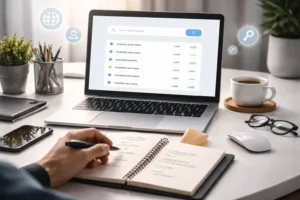 How to choose brandable domain name concept showing modern workspace with laptop and brainstorming ideas