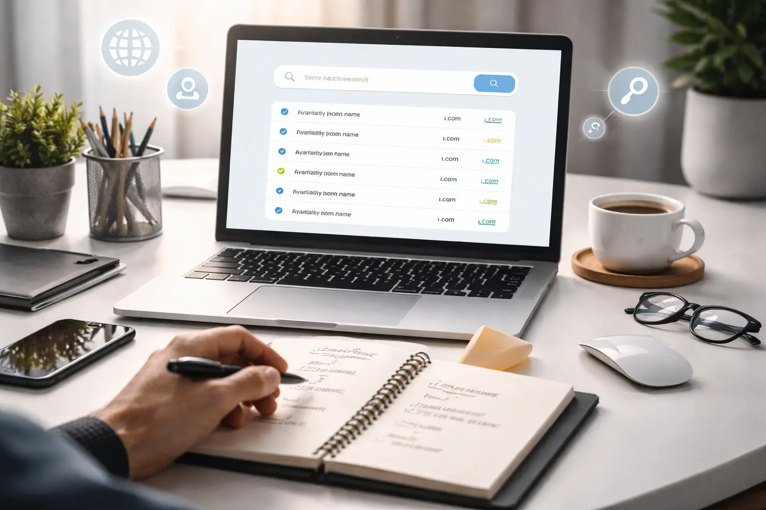 How to choose brandable domain name concept showing modern workspace with laptop and brainstorming ideas
