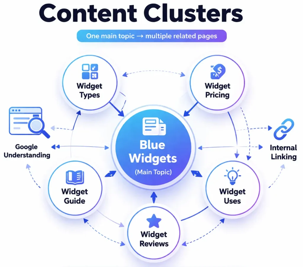 How To Do Internal Linking Manually using content clusters strategy showing main topic with related pages and internal links for better SEO structure”