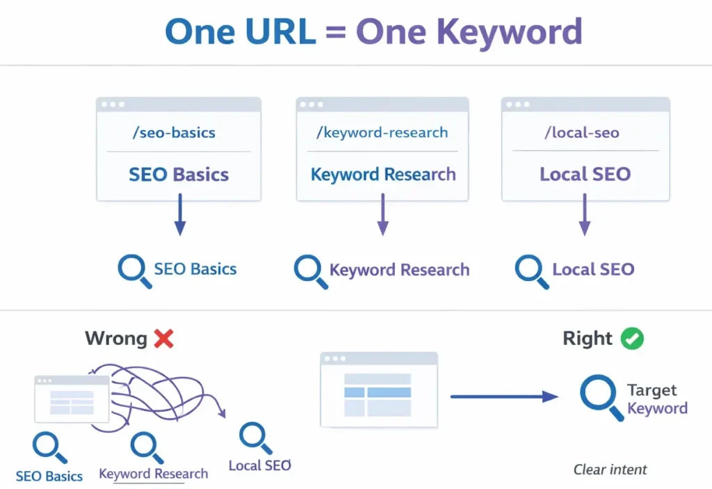 How To Do Internal Linking Manually with one URL one keyword SEO strategy diagram