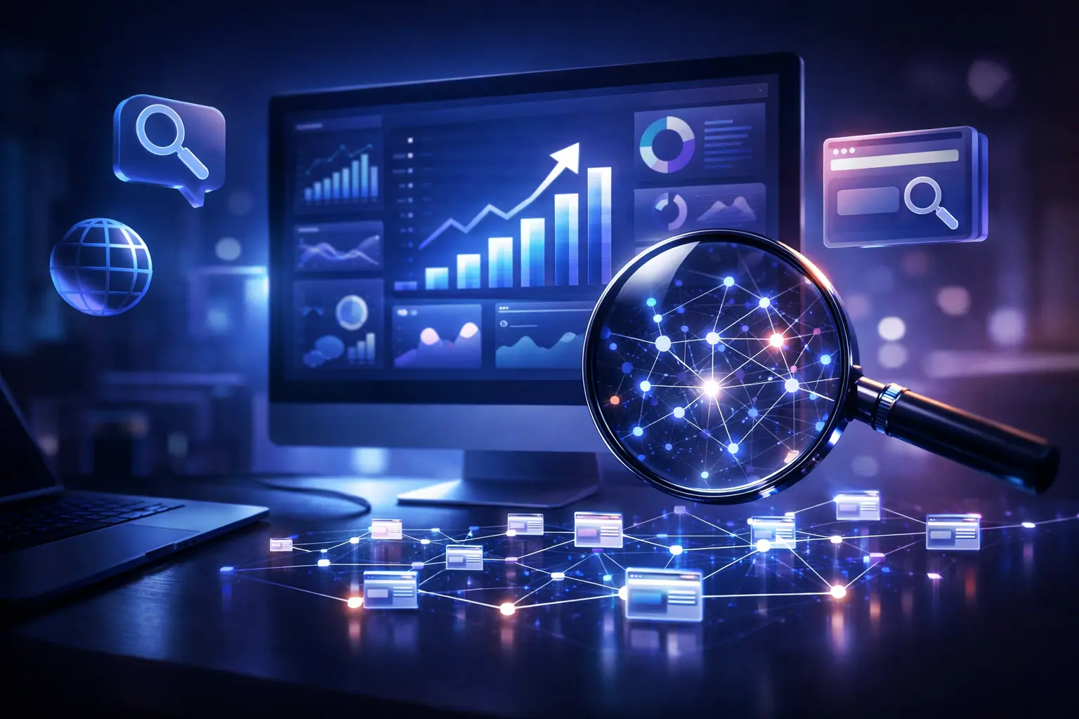 Know everything about SEO with futuristic analytics dashboard, growth graphs, and website structure visualization